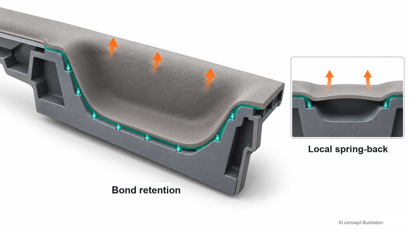 Concept illustration of bonded skin retention and local spring-back in a deep recess