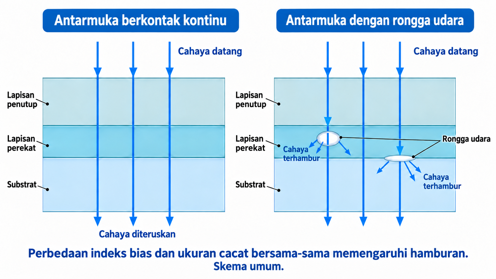 Perbandingan lintasan cahaya pada antarmuka dengan kontak kontinu dan antarmuka berongga