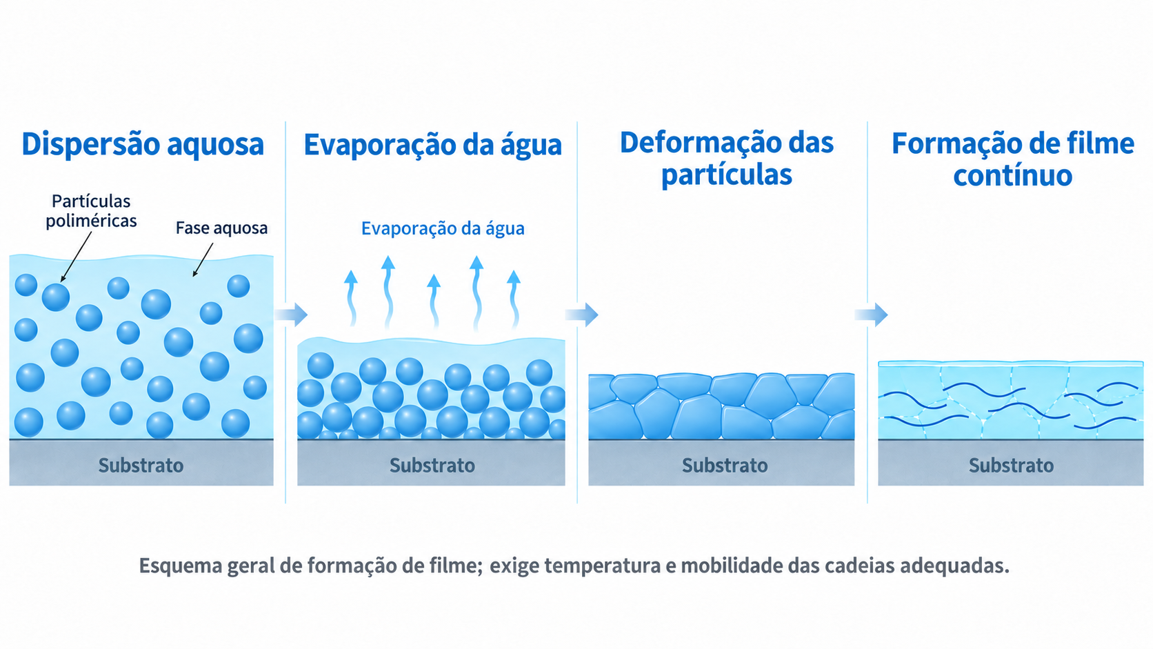 Figura 4. Ilustração geral de remoção de água, compactação, deformação e interdifusão de partículas na formação de filme de polímeros à base de água.