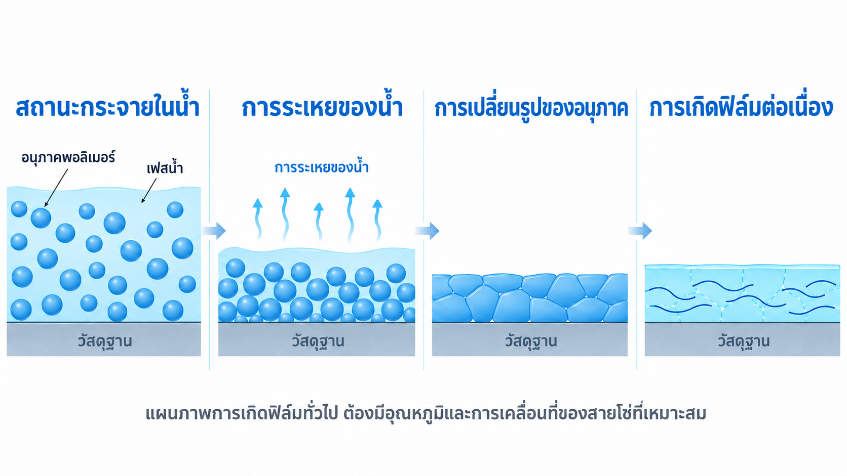 ภาพแนวคิดของการระบายน้ำ การเรียงตัวของอนุภาค และการเกิดฟิล์มพอลิเมอร์ต่อเนื่อง