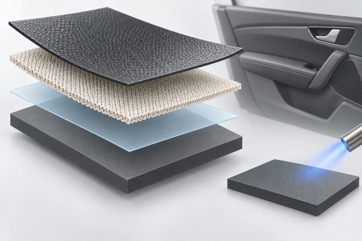 Exploded layers of PVC, knitted backing, adhesive and flame-treated PP