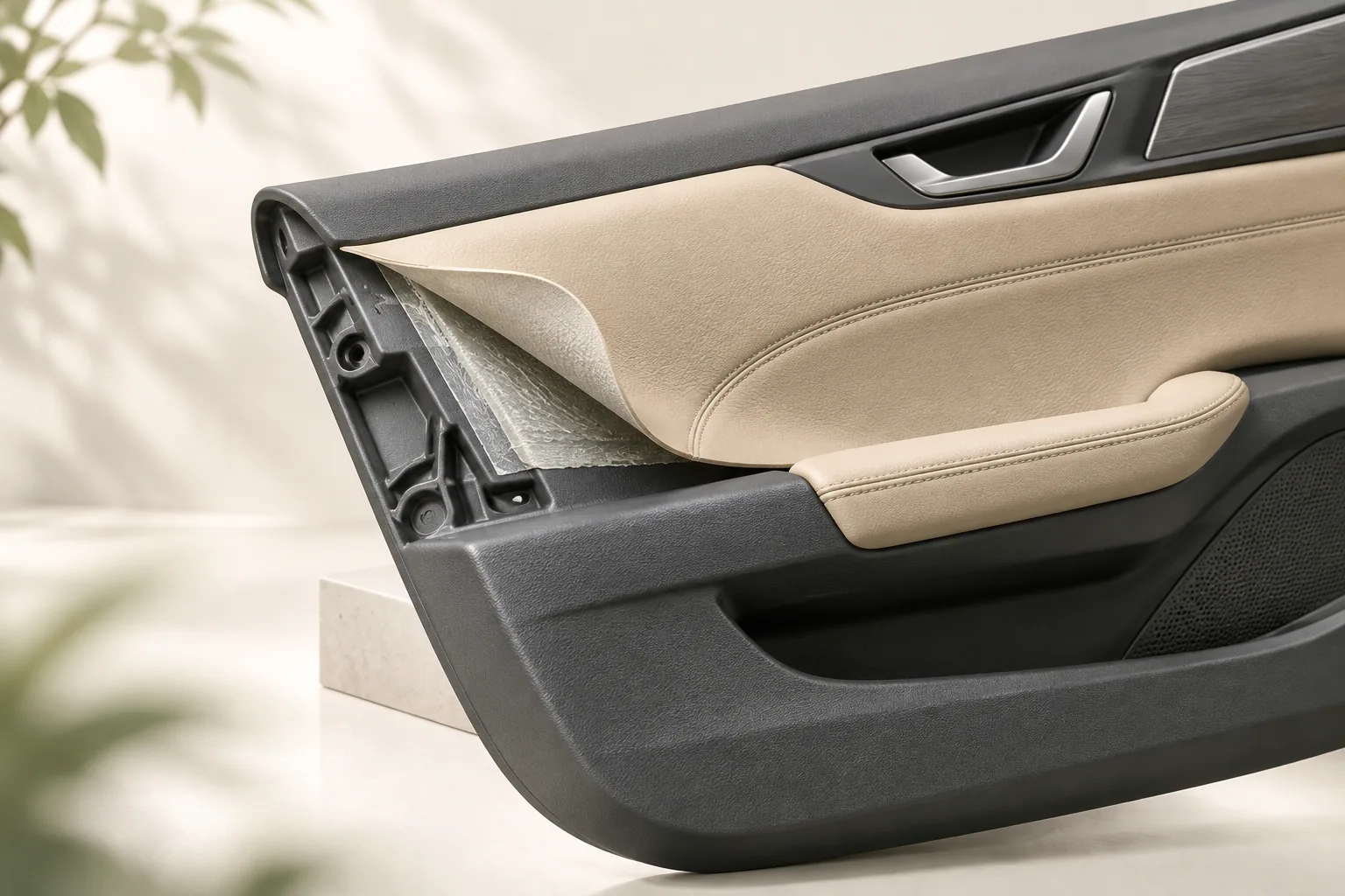 Conceptual illustration of an automotive door-panel wrapping structure with a PP carrier and a flexible covering material