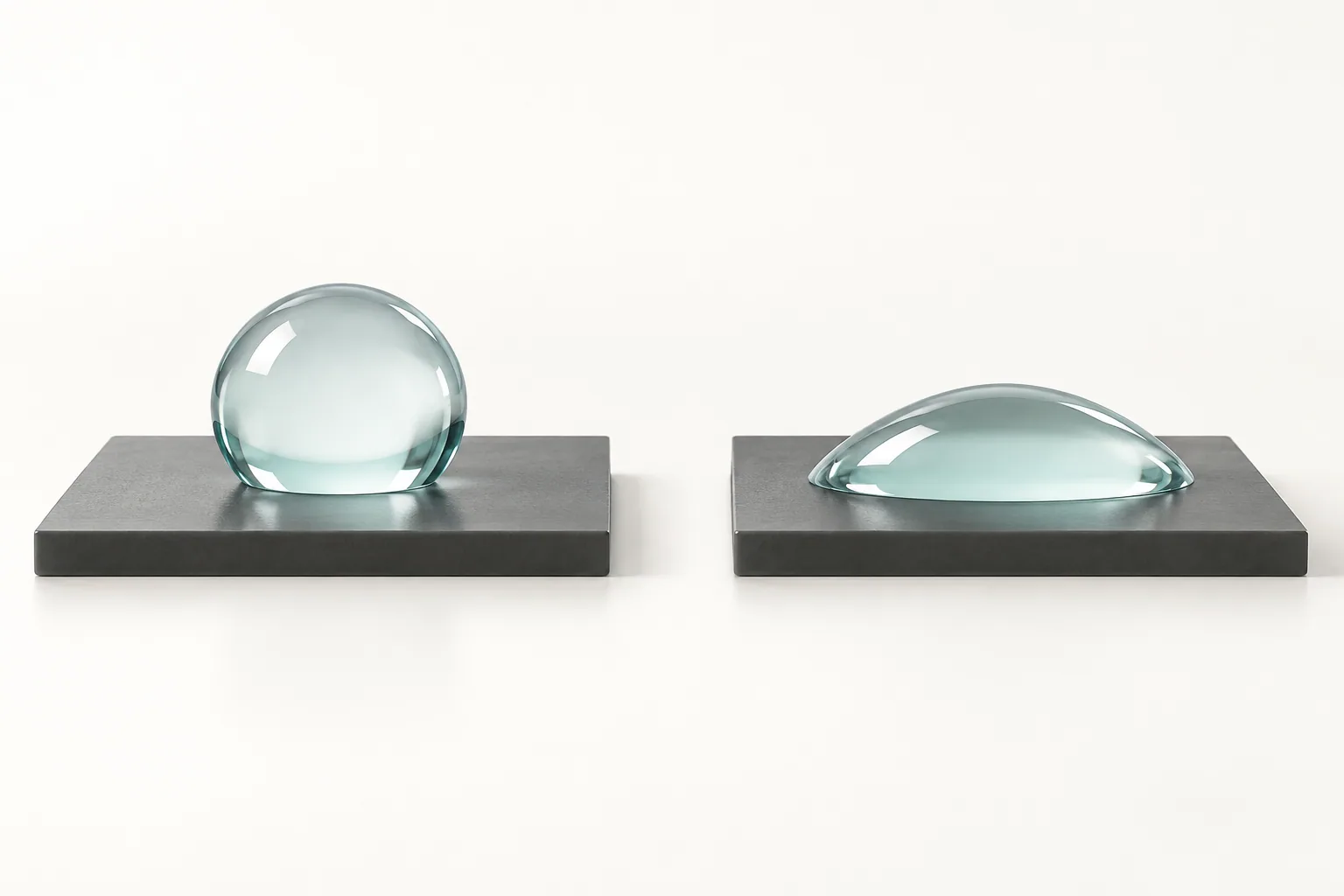 Conceptual illustration of the same test liquid forming larger and smaller contact angles on different surfaces