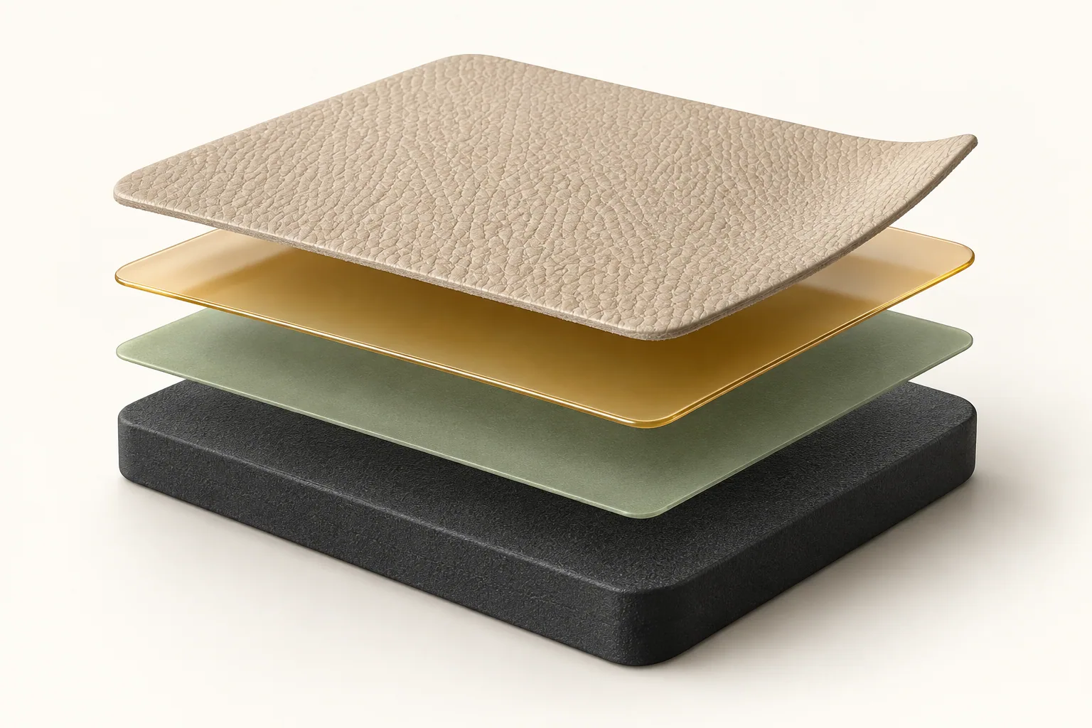 Bonding structure showing, from bottom to top, a dark gray substrate, a single green primer layer, an amber adhesive layer and a beige covering material